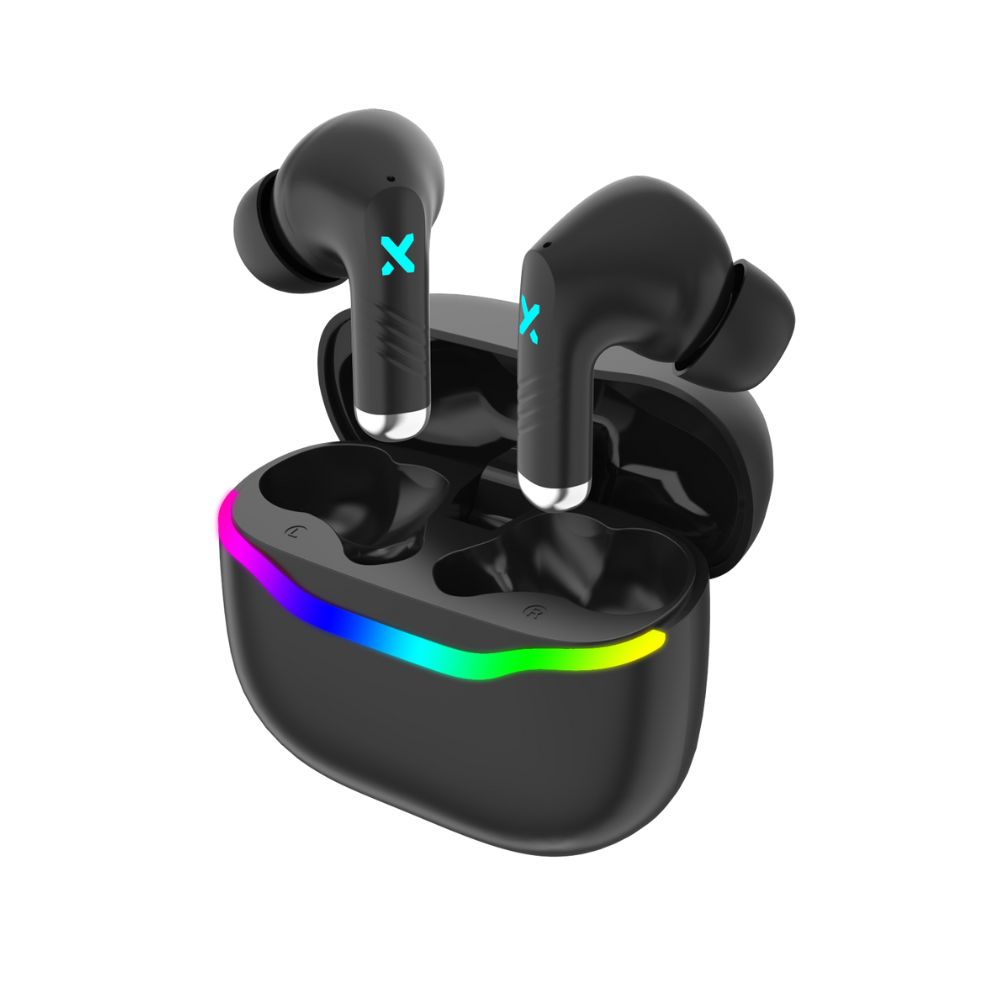 RadioShack Wireless Gaming Earbuds – Bluetooth 5.3, Low-Latency Mode, ENC Mics, 22-Hour Playtime, LED Case, Black
