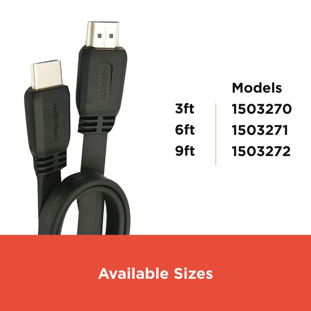 RadioShack HDMI 2.0 4K Flat Cable with Ethernet Male to Male - 2.7m 1503272 9 Feet