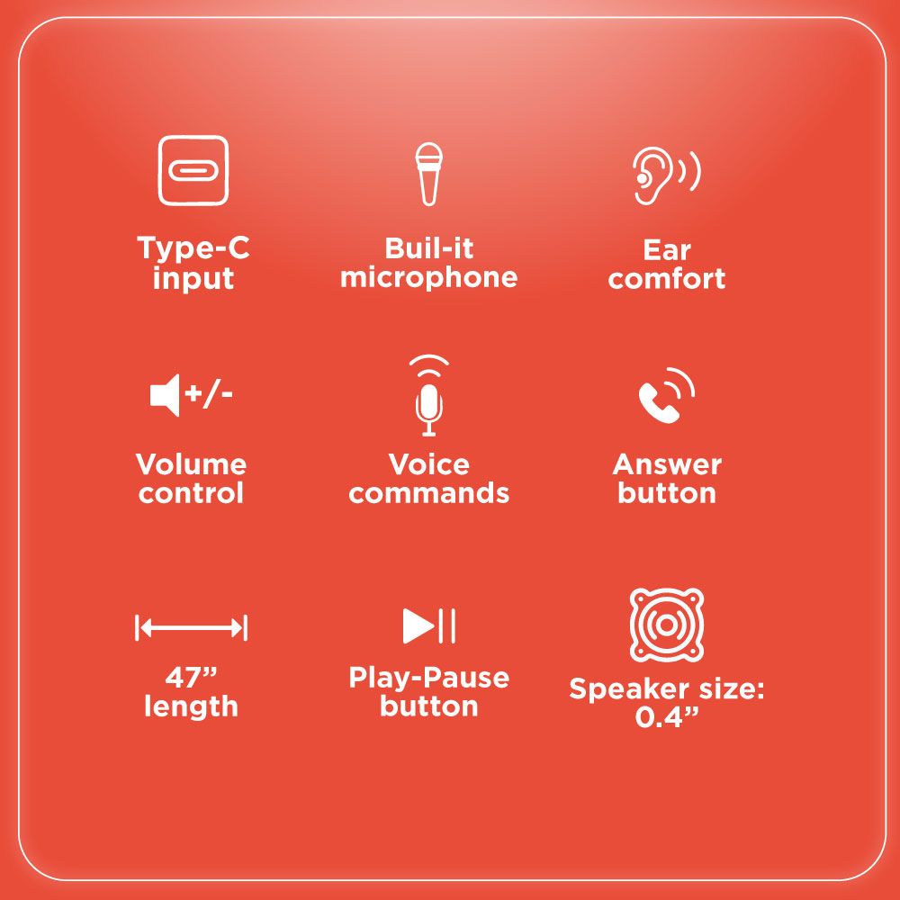 RadioShack Wired Type-C Earphones – Built-In Mic, 10mm Drivers, Quick Access Controls, 3.5ft Cable, Black