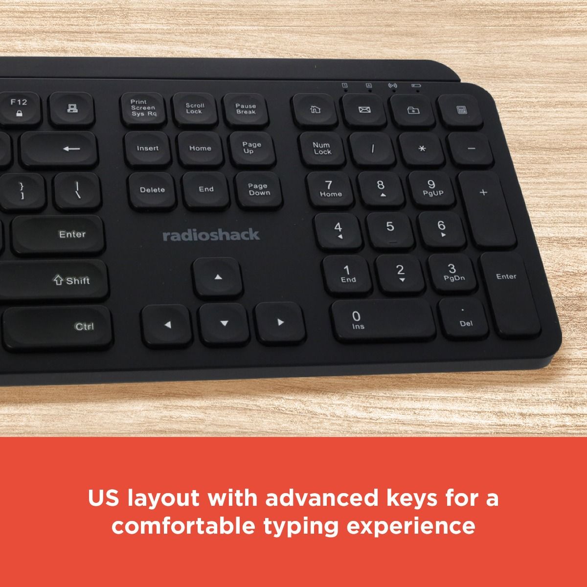 RadioShack Black 2.4Ghz Wireless Keyboard – 33 ft Range, Nano USB-A Receiver, Battery Powered, Ergonomic Design, 2607147
