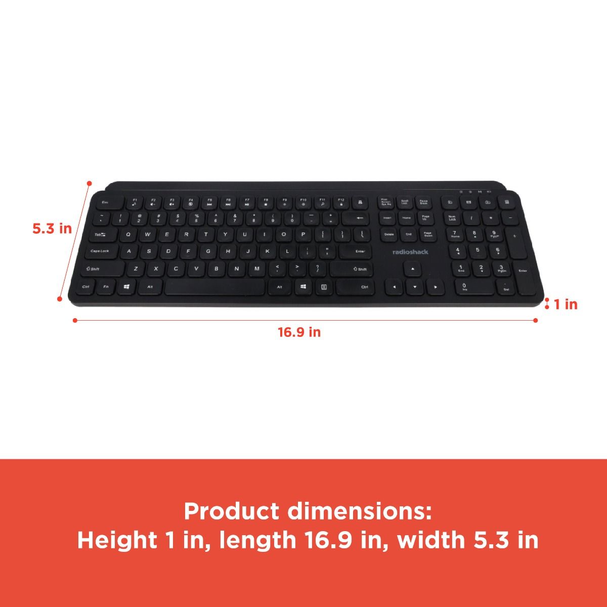RadioShack Black 2.4Ghz Wireless Keyboard – 33 ft Range, Nano USB-A Receiver, Battery Powered, Ergonomic Design, 2607147