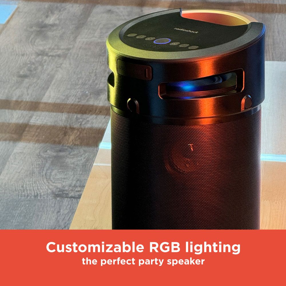 RadioShack Bluetooth Speaker – 74W, 360° Sound, IPX5 Water Resistant, AUX Input, Rechargeable Battery, RGB Lights