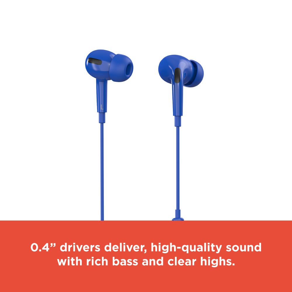 RadioShack Wired Type-C Earphones – Built-In Mic, 10mm Drivers, Quick Access Controls, 3.5ft Cable, Blue